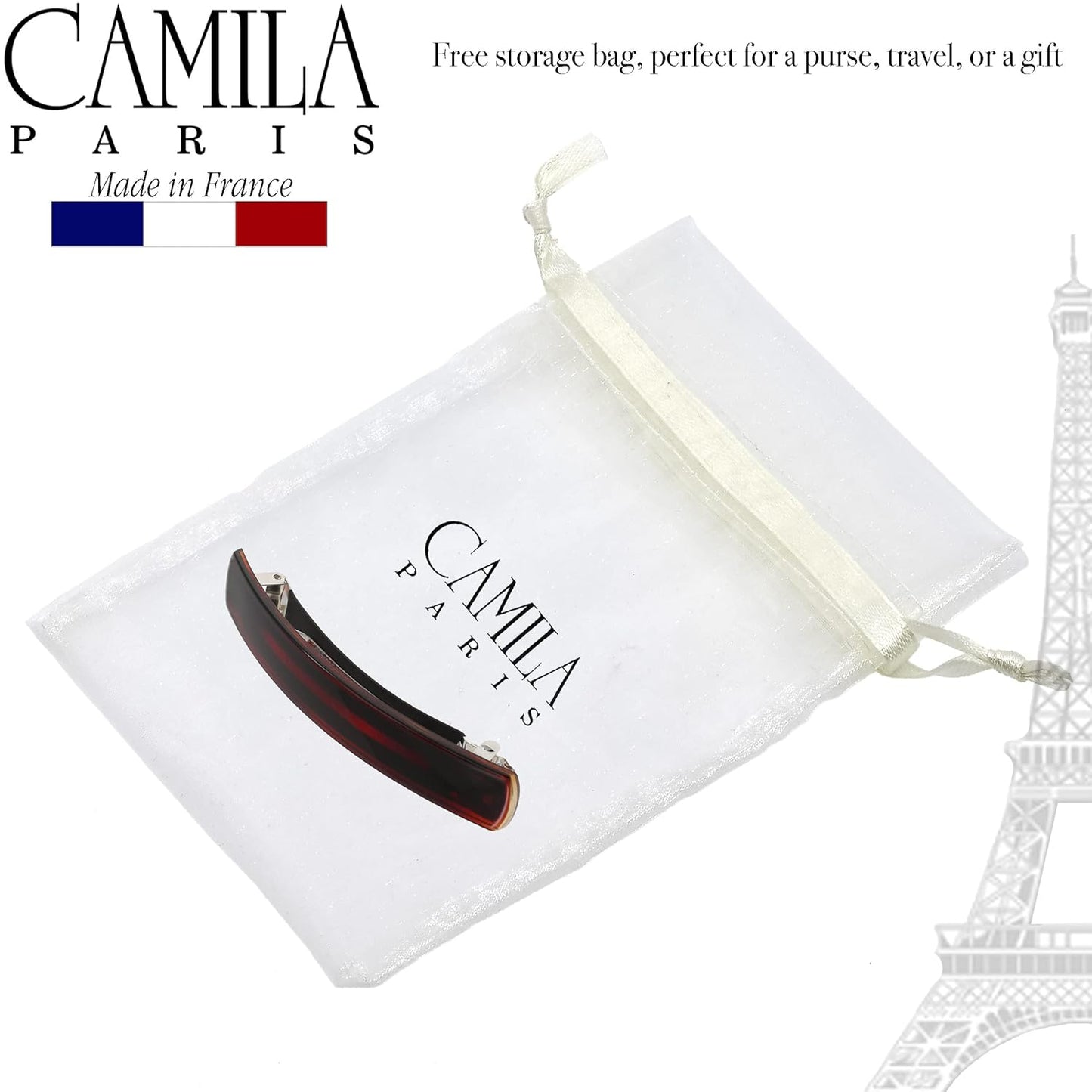 Camila Paris AD821 French Hair Barrette Clip for Girls, Tortoise Shell Strong Hold Grip, No Slip and Durable Cellulose Styling Girls Hair Accessories for Women, Automatic Clasp, Made in France