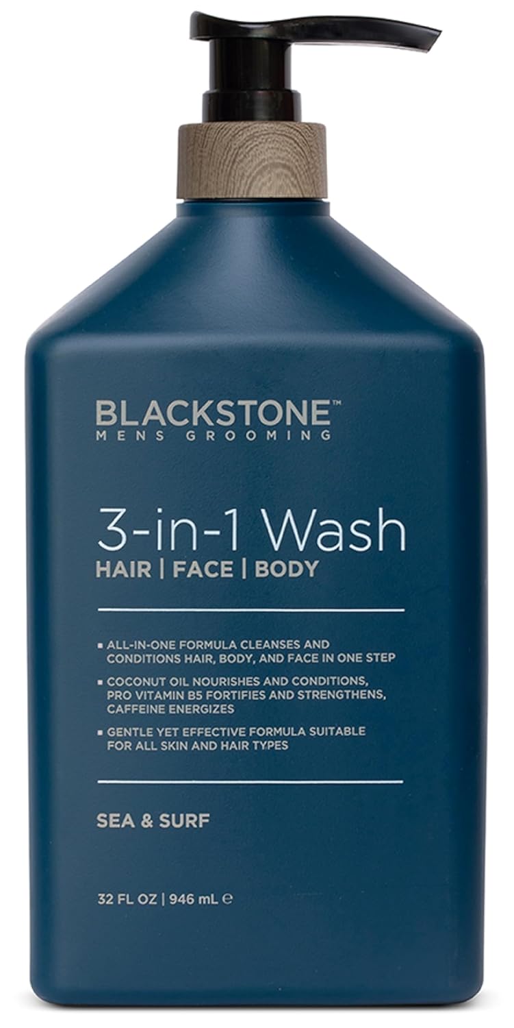 Blackstone Men's Grooming 3-in-1 Wash for Men | Cleanses & Conditions Hair, Body, & Face | For All Skin & Hair Types | With Coconut Oil, Vitamin B5 and Caffeine - Sea & Surf (32 Fl Oz)