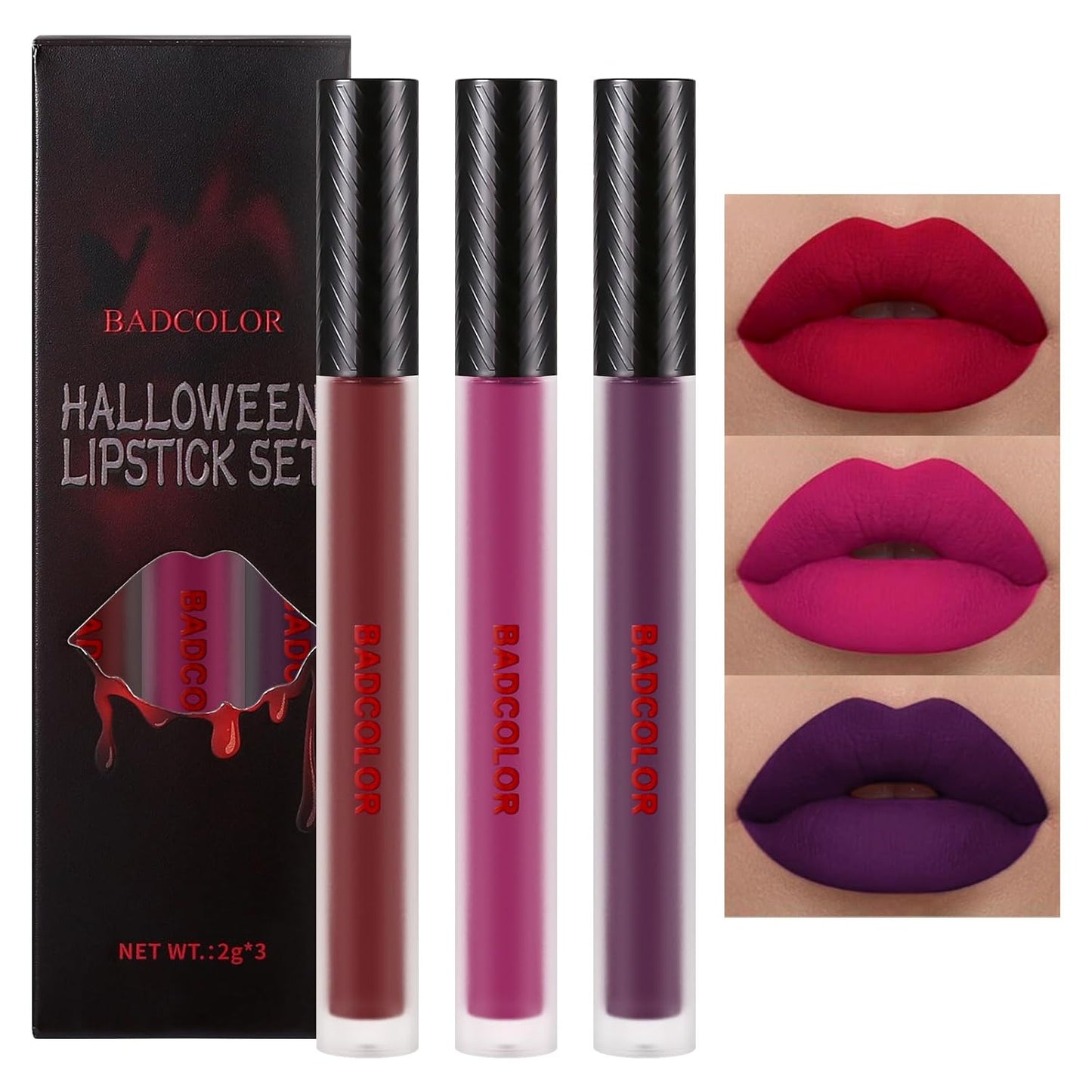 BADCOLOR 3 Colors Matte Liquid Lipstick Set, Purple Burgundy Rose Red Halloween Makeup, High Impact Long Lasting Lip Stain Velvet Nonstick Cup Smudge Proof & Waterproof Lip Gloss Set