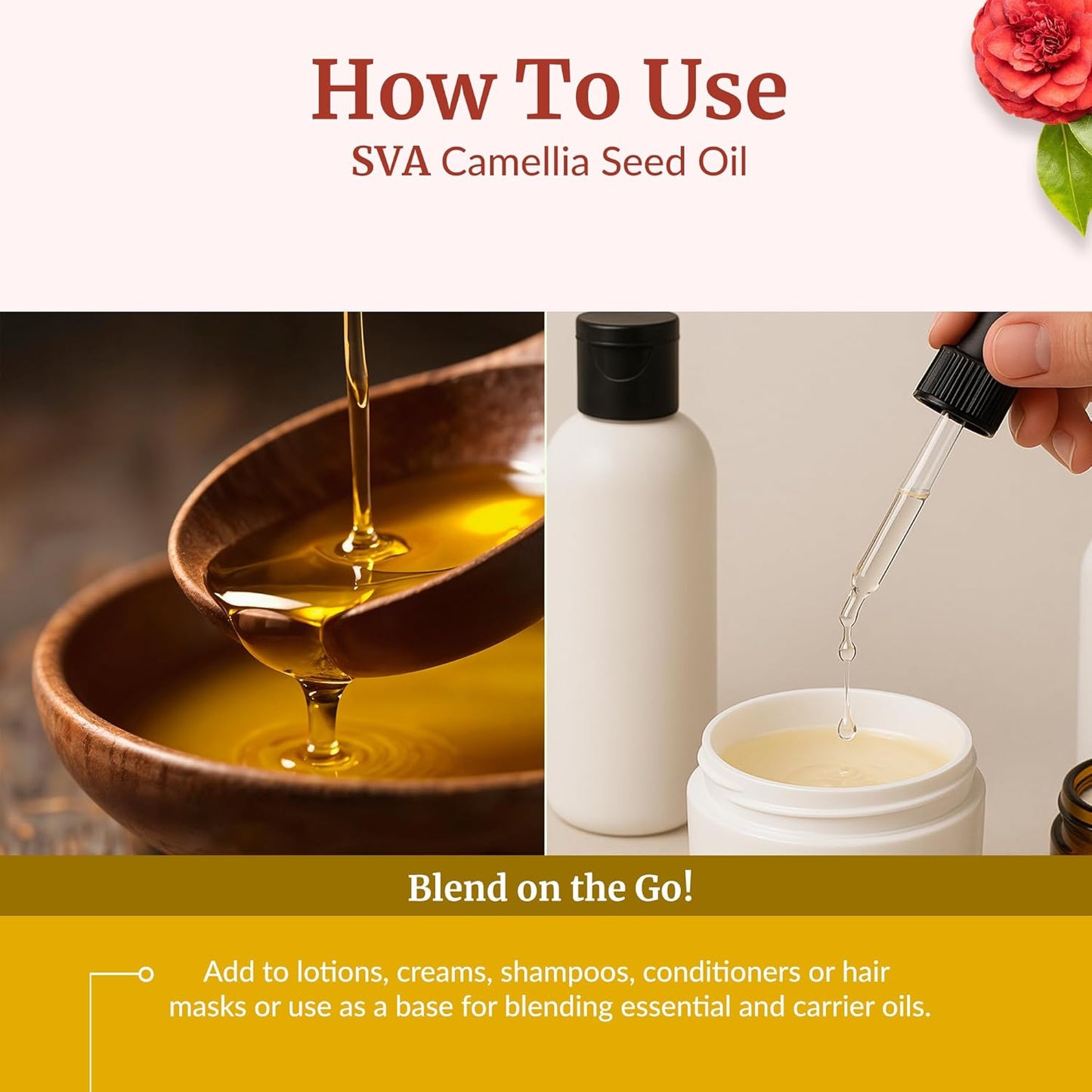 SVA Camellia Seed Oil Organic - 4 Fl Oz – 100% Natural Cold Pressed Organic Camellia Oil - for Face, Skin Care, Hair Care, Scalp Massage & Body Massage – Carrier Oil with Dropper