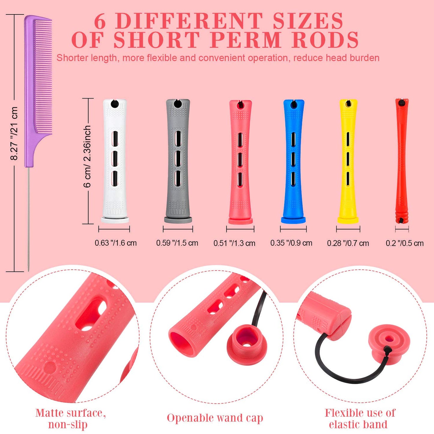 WILLBOND 72 Pieces Hair Perm Rods Set, Short Plastic Perming Rods Cold Wave Rods 6 Sizes Hair Curling Rollers with 1 Piece Steel Pintail Hair Comb for Hairdressing Hair Styling