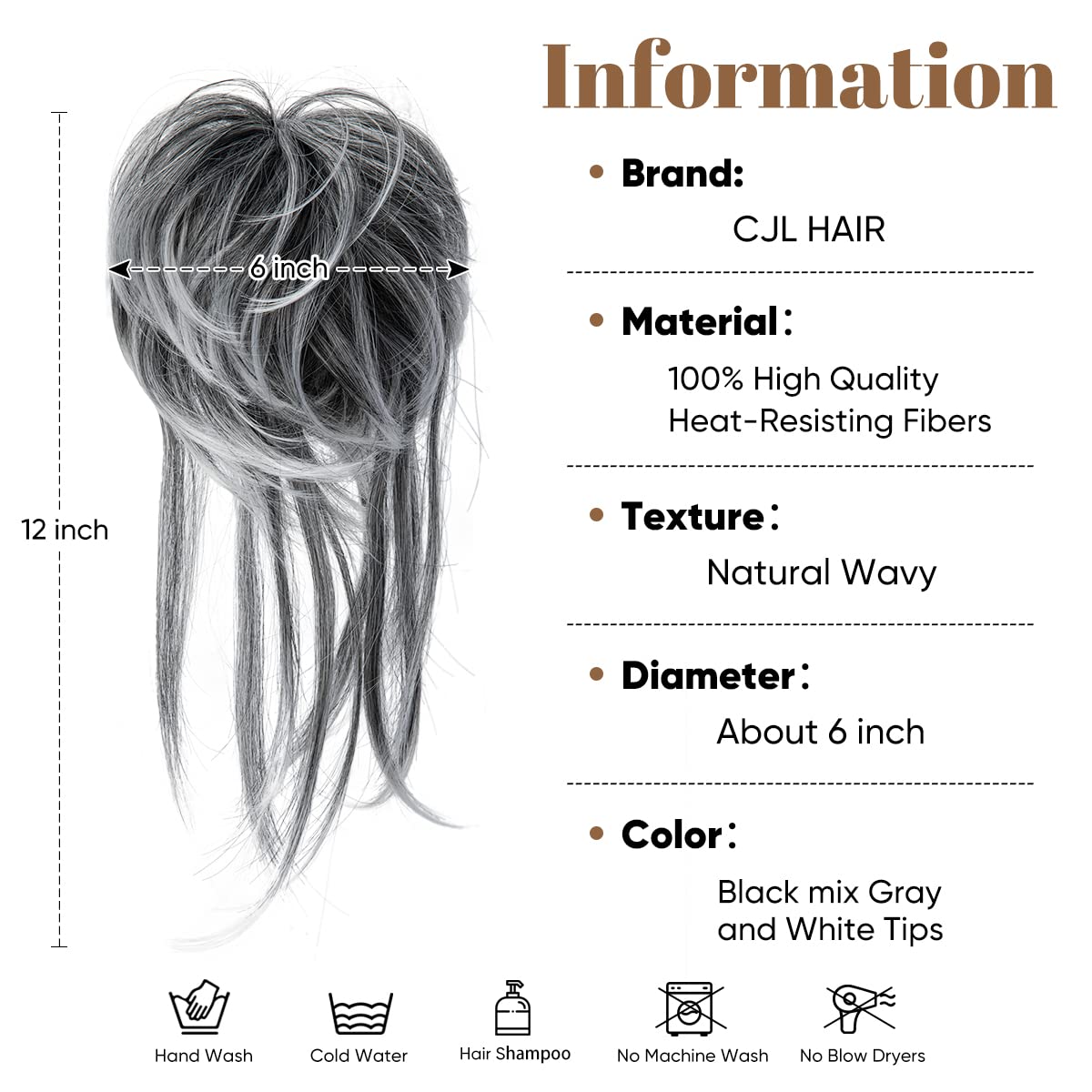 CJL HAIR Messy Bun Hair Piece Curly Hair Bun Extensions with Straight Tails Synthetic Hair Scrunchies Ponytail Hairpieces for Women Black mix Gray and White Tips