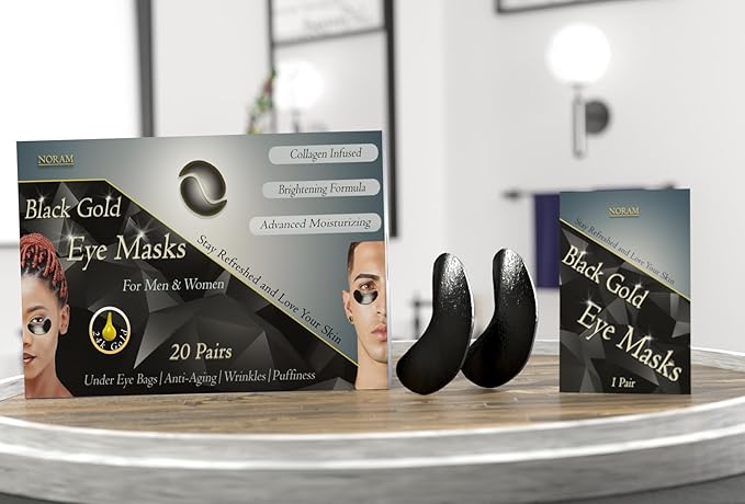 24k Black Gold Under Eye Masks (20 Pairs) by Noram | For: Puffiness, Wrinkles, Dark Circles, Under Eye Bags, Skin Brightening, Anti-Aging - Rejuvenating Eye Masks