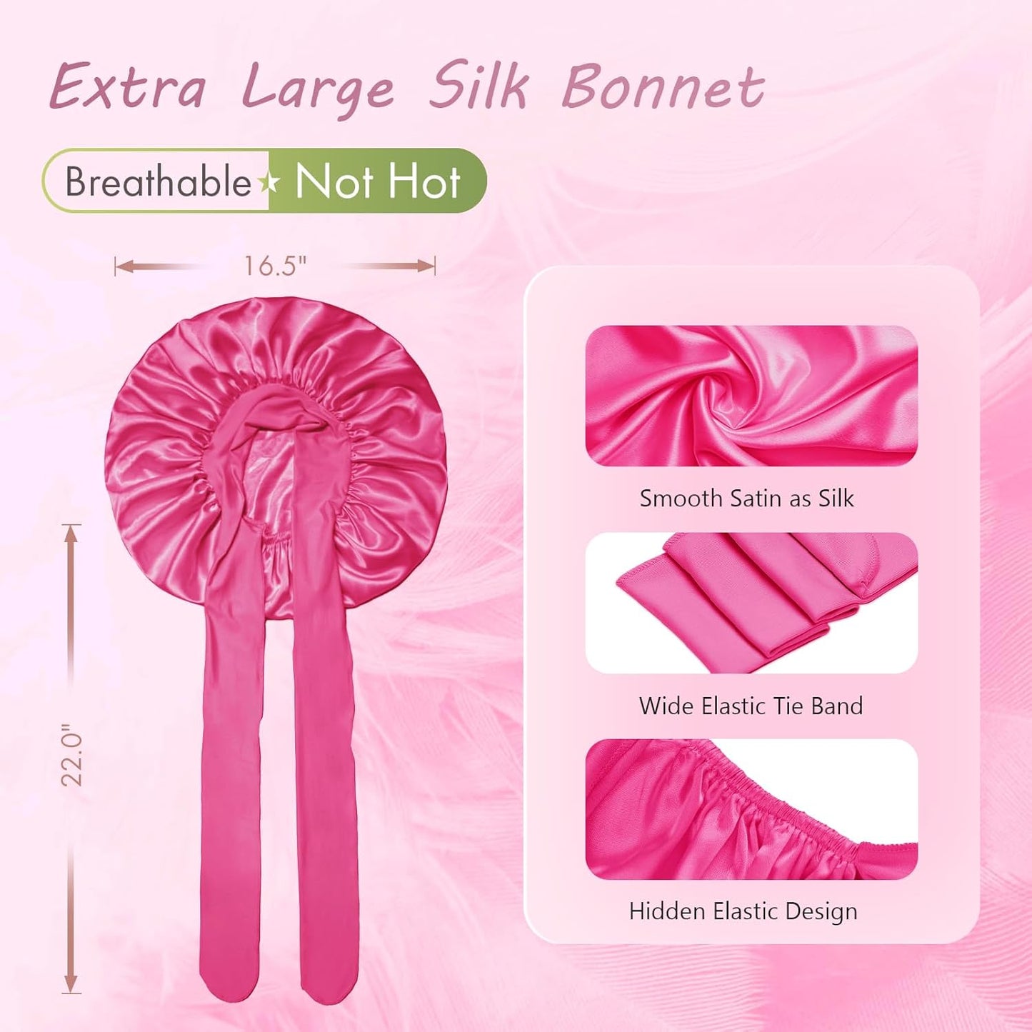 BONNET QUEEN Silk Bonnet for Sleeping Women Big Satin Bonnet Night Sleep Cap Wrap for Curly Hair with Adjustable Tie Band, Single Layer, Large, Hot Pink