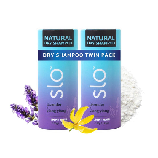 Slo | Natural Dry Shampoo Powder For Dark Hair - All Natural Ingredients, Vegan & Cruelty Free, Talc-Free Blend, Paper Packaging | Light Hair Lavender + Ylang Ylang | 2 Pack (2 x 1.23oz/35g)