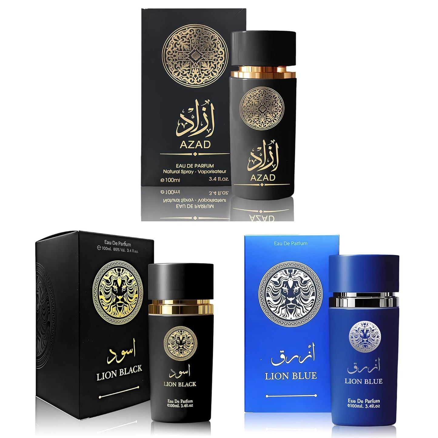 3Pack Men Cologne Azad,Lion Black,Lion Blue Eau De Parfume Spray with Woody Floral & Fruity Scent Perfume Gift Set Day to Night Luxury Fragrances