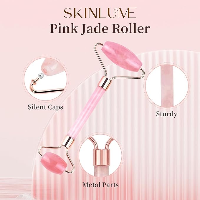 Jade Roller Gua Sha Facial Tool - for Face Neck Eye Jawline, Reduce Puffiness and Tension, Gift Set for Men Woman 100% Natural Jade Stone (Pink)