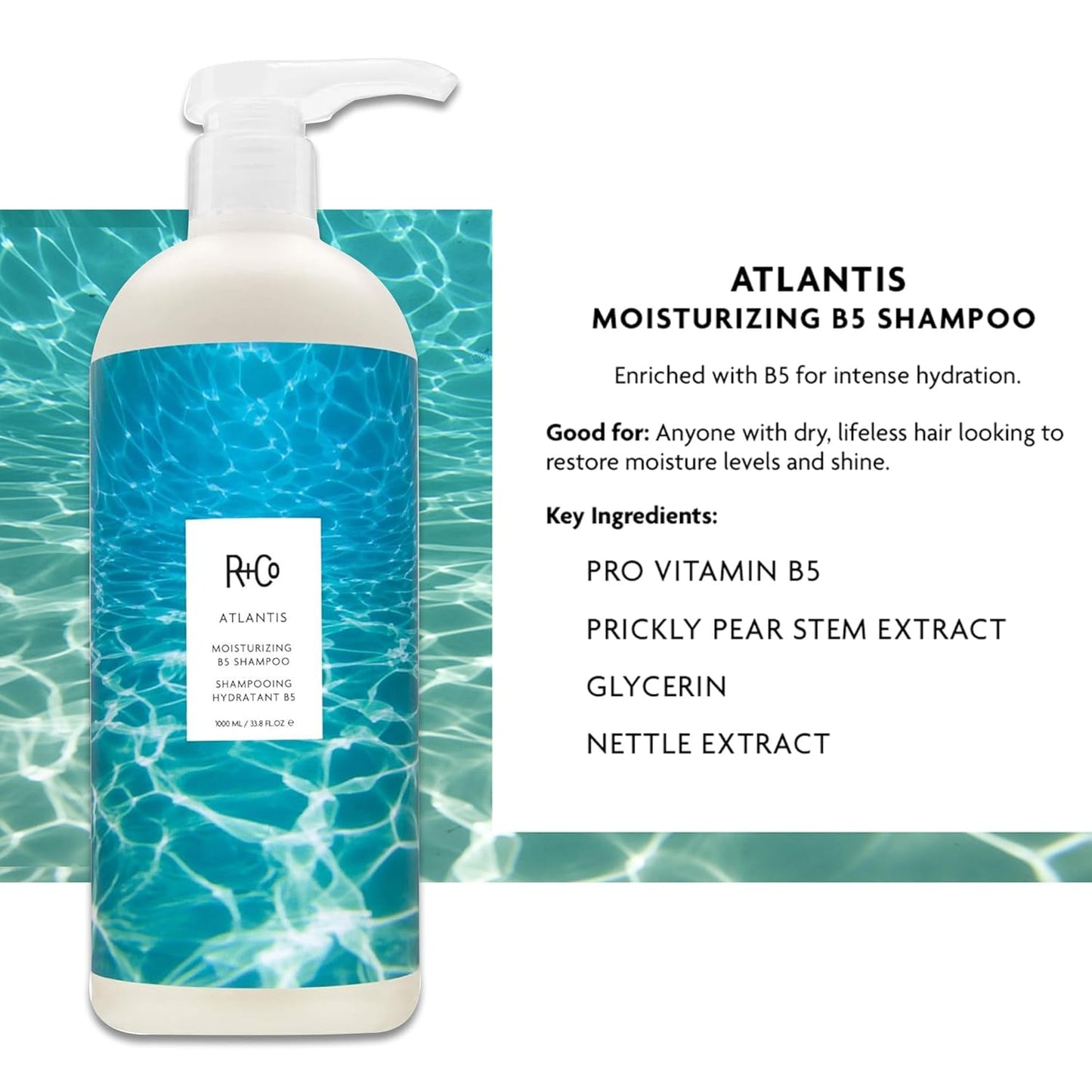 R+Co Atlantis Moisturizing B5 Shampoo & Conditioner Set + Deluxe Sample (0.5oz) | Deep Hydration & Repair for Dry Hair | Vegan + Cruelty-Free | 33.8oz (Pack of 2)