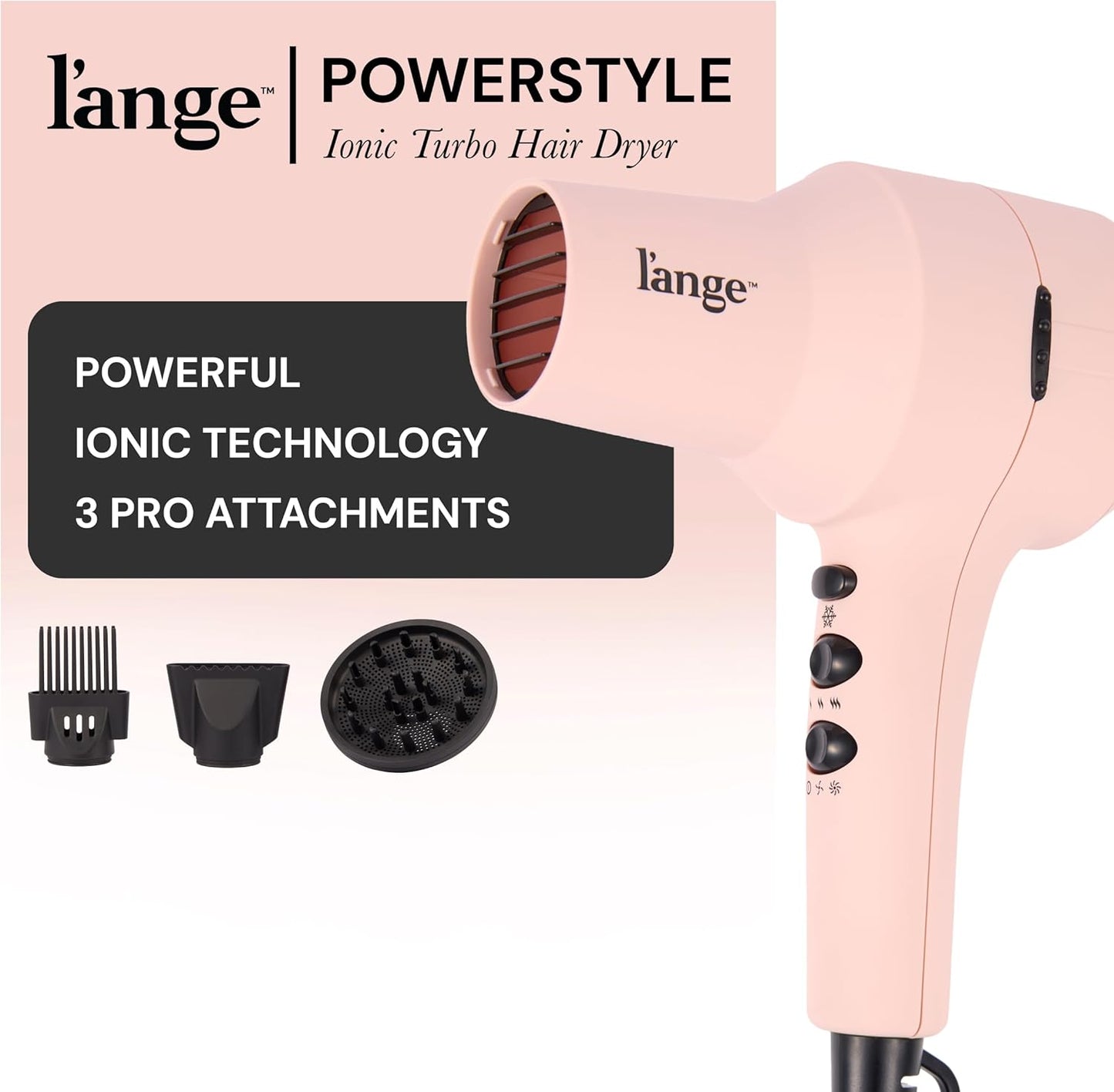 L'ANGE HAIR PowerStyle Ionic Turbo Hair Dryer | 1875W Fast Drying & Precision Styling for Long-Lasting, Frizz-Free Looks | Advanced Ionic Technology Smooths & Shines Hair (Blush)