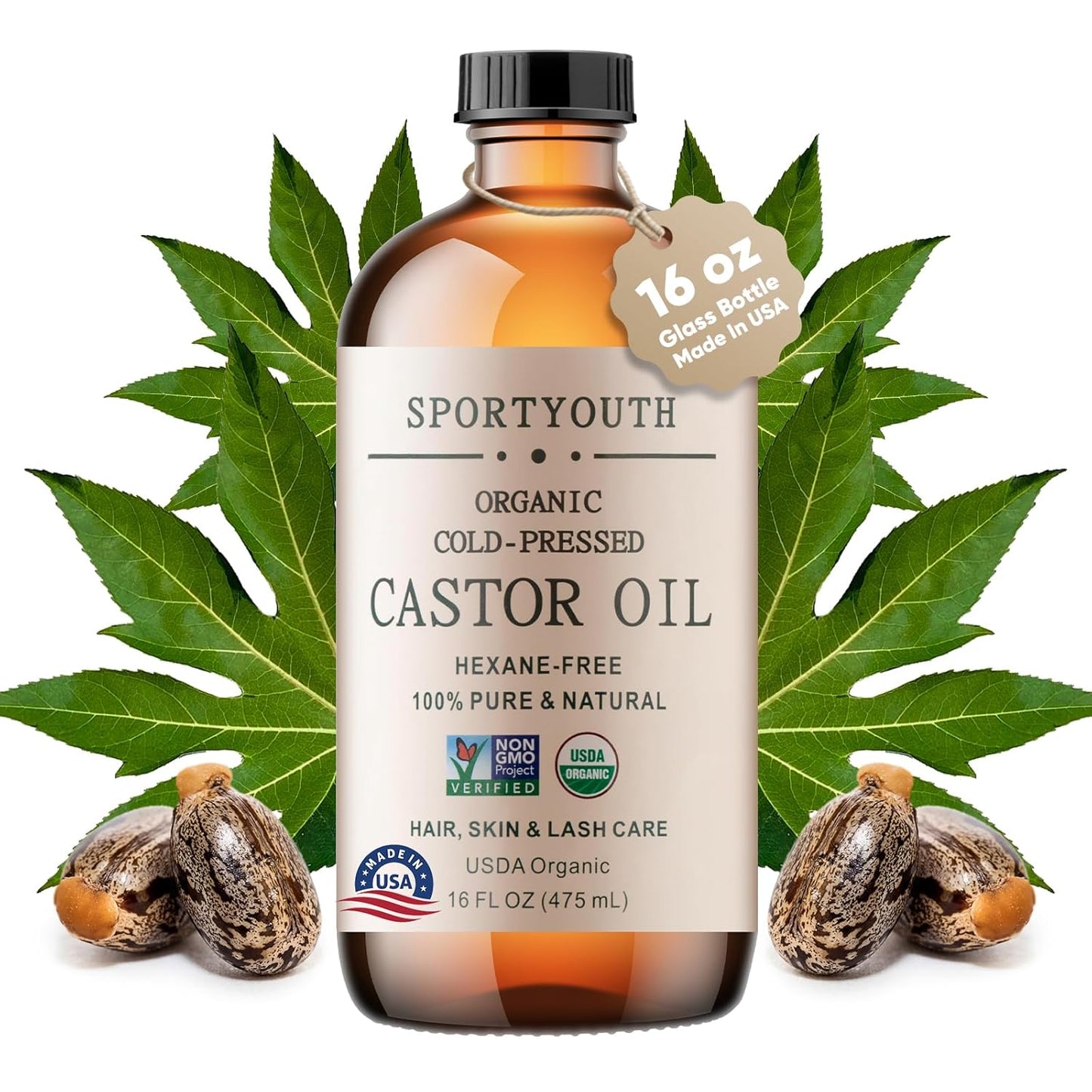 SPORTYOUTH Castor Oil Organic Cold Pressed Hexane Free USDA Certified 100% Pure Unrefined 16 oz Glass Bottle Carrier Oil for Hair Growth, Scalp, Castor Oil Pack, Eyelashes, Brows, Skin, Face, Body