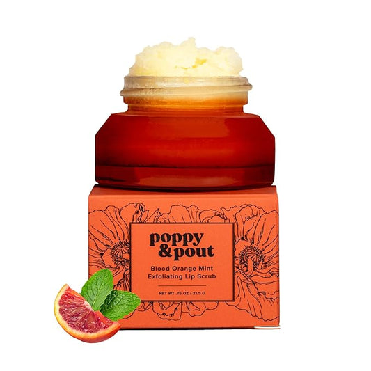 Poppy & Pout Natural Lip Scrub, Moisturizing Sugar Scrub for Dry Lips, Lip Scrubber Exfoliator with Essential Oils Smooths and Hydrates Lips, In Recyclable Glass Jars, Cruelty Free - Blood Orange Mint
