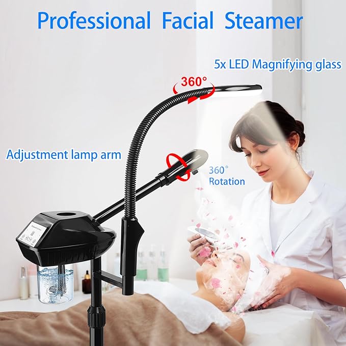 Professional Facial Steamer on Wheels, 2-in-1 Facial Steamers with 5X Magnifying Lamp, Ozone Facial Steamer for Facial Deep Cleaning, Facial Humidifier for Spa, Salon and at Home Use