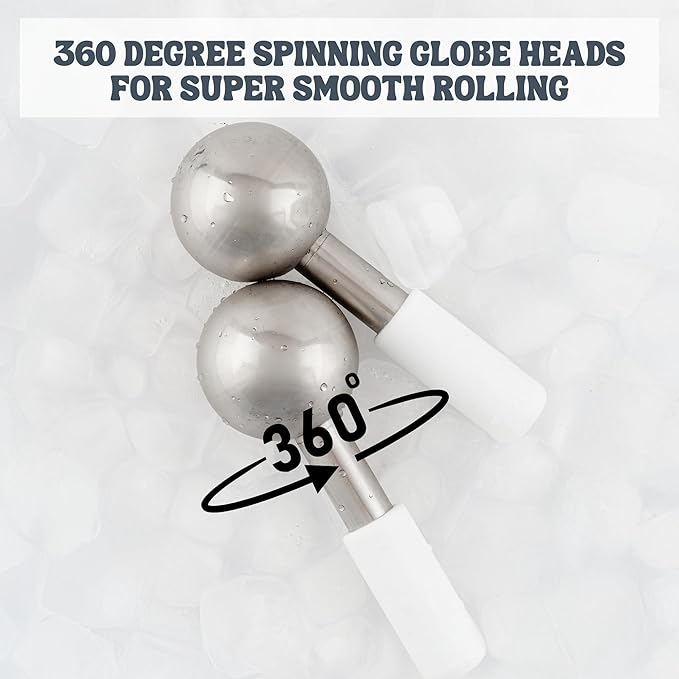 Ice Globes for Facials - 360 Rotating Unbreakable Steel Ice Globes with Carry Case - Professional Esthetician Supplies - Ice Roller for Face and Eyes - Ideal Skincare Tool (White)