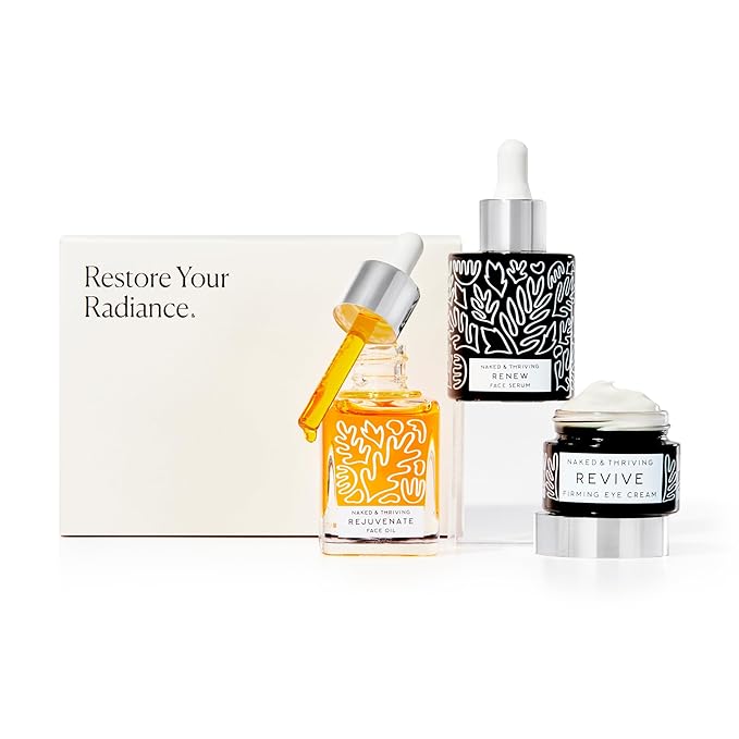 Naked & Thriving Restorative Night Routine | Renew Night Serum (30 mL) + Revive Eye Cream (15 mL) + Rejuvenate Face Oil (35 mL) with Peptides, Squalane, Hyaluronic Acid, and Fruit AHAs (Set of 3)