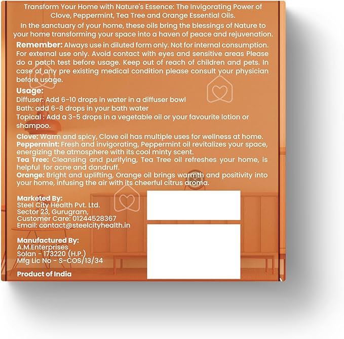 HM Home Essential Oil Kit – 4 Pack (Clove, Peppermint, Tea Tree, Orange) | Aromatic Blends for Relaxation, Refreshing Home Scents, and Natural Wellness – 1.35 FL OZ Each