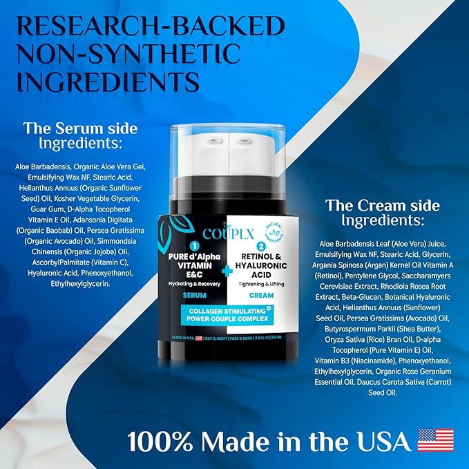 2-in-1 Collagen Booster, Retinol & Hyaluronic Acid Cream & Serum, Anti-Aging, Lifting Skin-Tightening Moisturizer for Men & Women, Neck and Décolleté, Made in USA Daily Moisturizer Face Cream, 2.0 oz