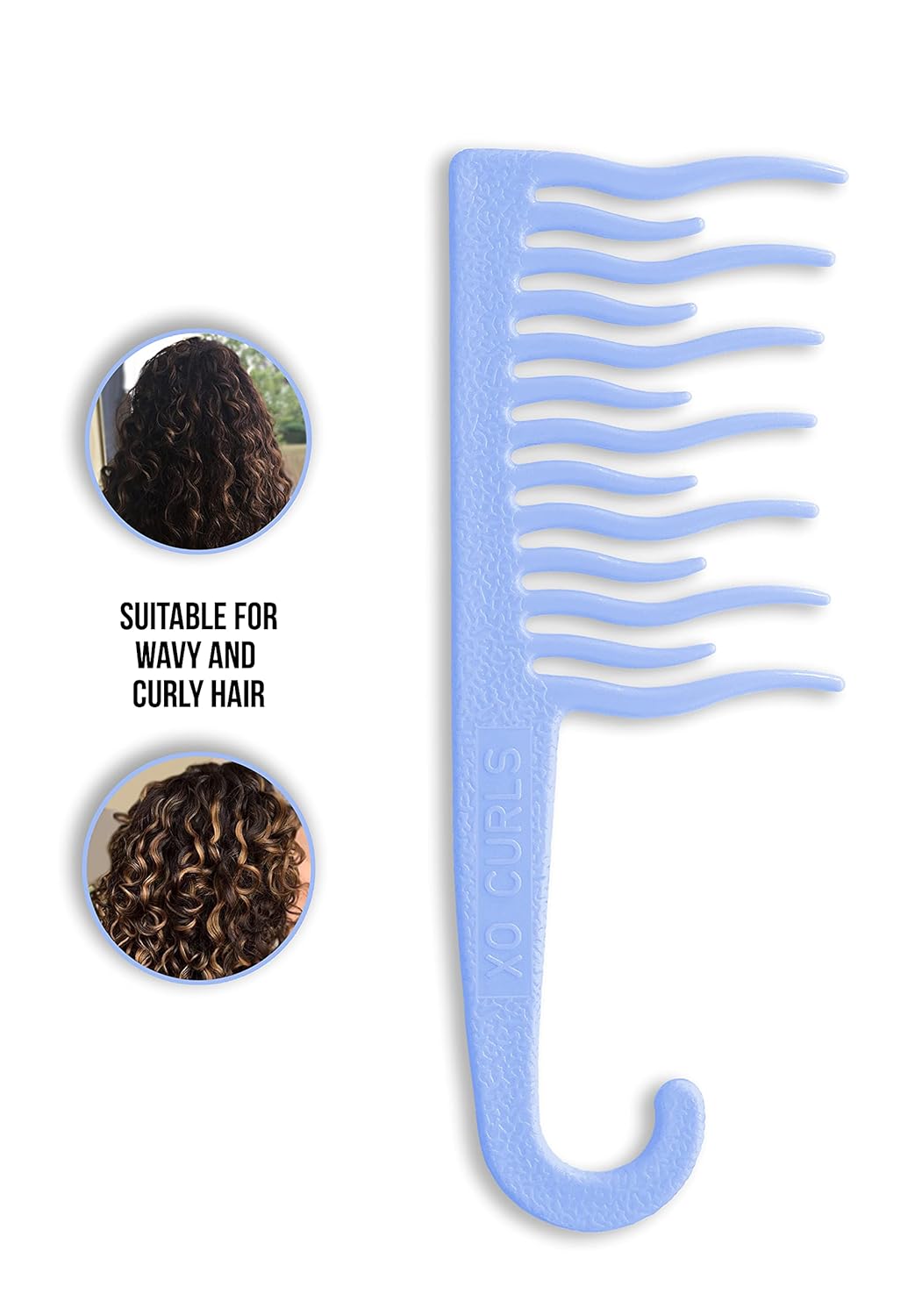 XO Curls Shower detangling hair comb, Wide tooth comb, Comb with hook for easy hanging in shower, Gentle on Scalp, Hair comb for with curly & wavy hair (Blue)