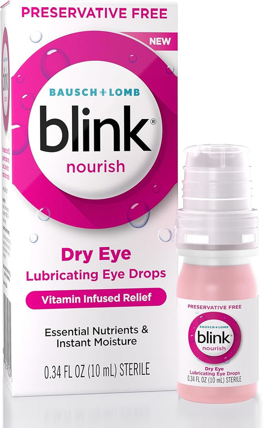 Blink Nourish Eye Drops for Dry Eyes, 0.33 fl oz, Preservative Free Lubricating Eye Drops with Hyaluronan, B12, & Vitamin C, Hydration Boost, Instant Moisture, pH Balanced to Match Healthy Tears