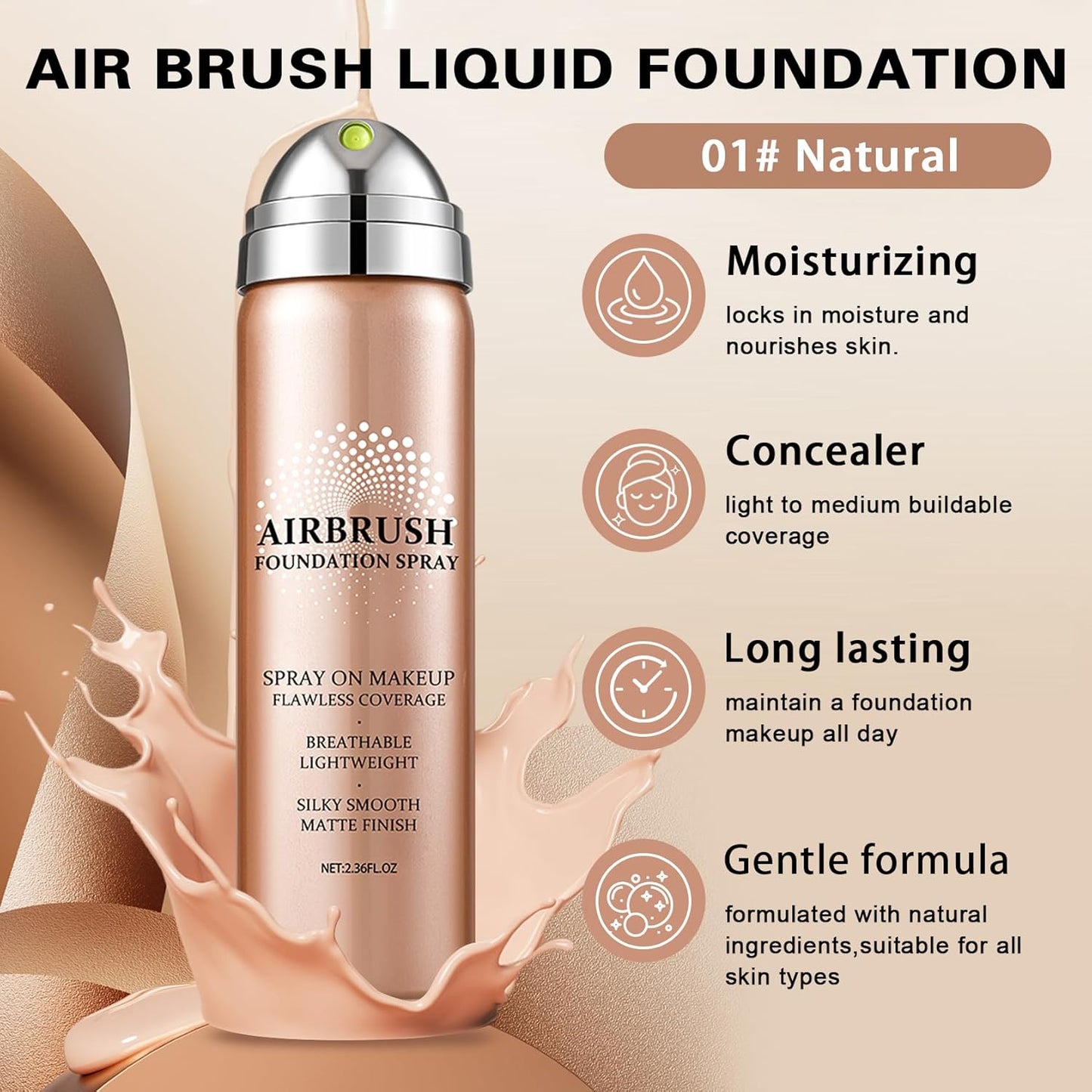 Air Brush Makeup Foundation and Makeup Primer for Face,Hydrates and Moisturizes,Buildable Coverage with Anti-aging Formula for Smooth Radiant Skin (01 Natural/Warm Porcelain)