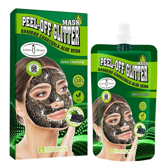AICHUN BEAUTY Bamboo Charcoal Aloe Vera Peel-Off Glitter Mask Oil-Control Anti-Acne Moisturizing Detox Cleansing 10 minutes Facial Therapy 120ml/4.06fl.oz