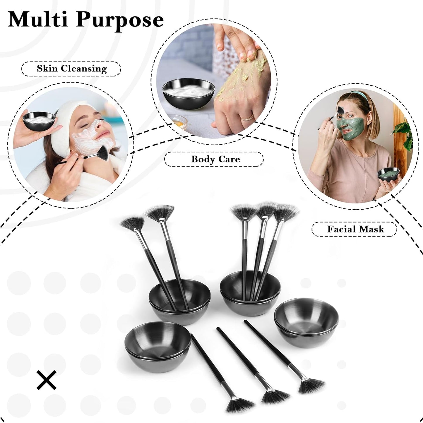 16 Pcs Black Facial Bowl and Brush Set 8 Black Stainless Steel Mixing Bowls Facial Mixing Bowls Esthetician 8 Facial Fan Brushes Esthetician Face Mask Brush for Mud Cream Makeup Spa Salon Women