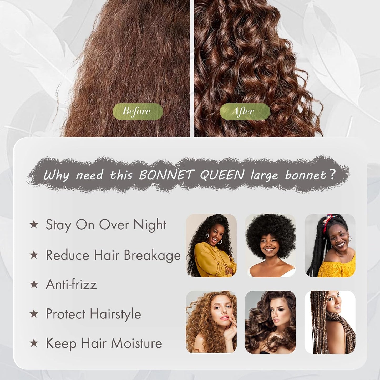BONNET QUEEN Silk Bonnet for Sleeping Satin Bonnet Hair Bonnets Large Bonnets Hair Wrap Sleep Cap with Tie Band for Women Curly Hair Braids Locs Black
