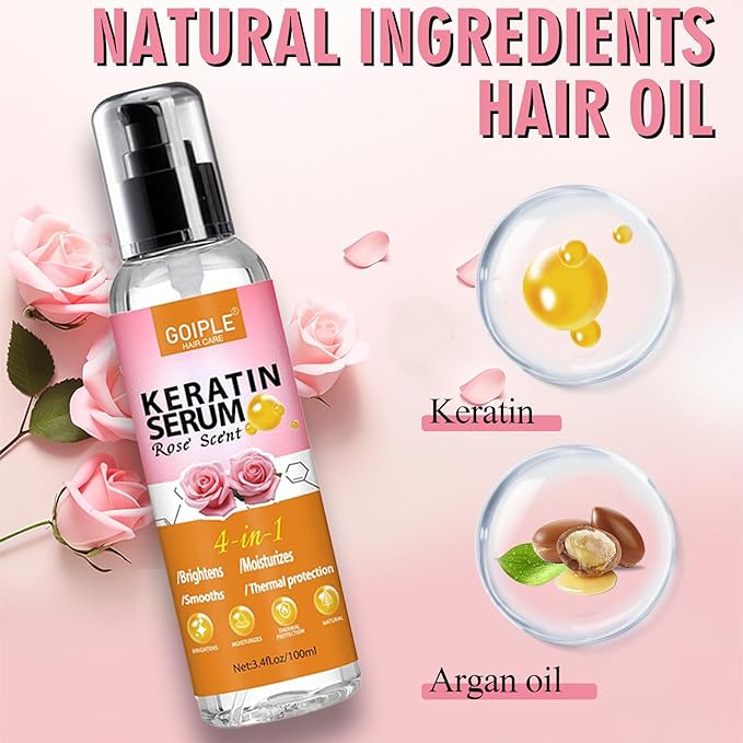 Keratin Protein Hair Serum Keratin Styling & Moisturizing Oil - Anti Frizz Control Nourishes & Repair Keratin Serum Oil for Dry Damaged Hair Heat Protectant Serum for Shine Prevent Hair Burns (Rose)