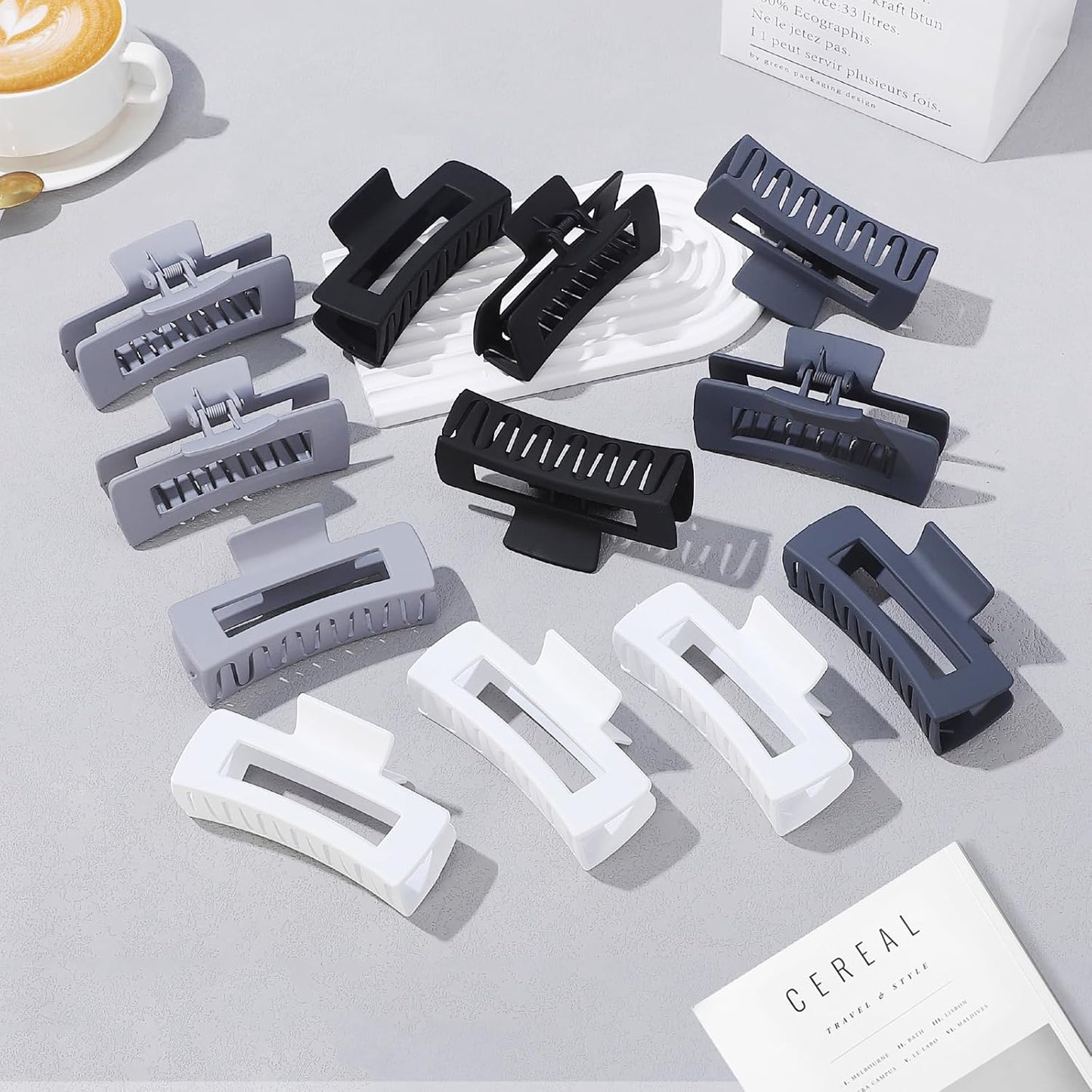 12 Pcs Large Hair Clips for Women, 4.2 Inch Square Claw Clips, Colorful Hair Claw Clips for Thick and Thin Hair, Bulk Hair Accessories for Women and Girls - Grey