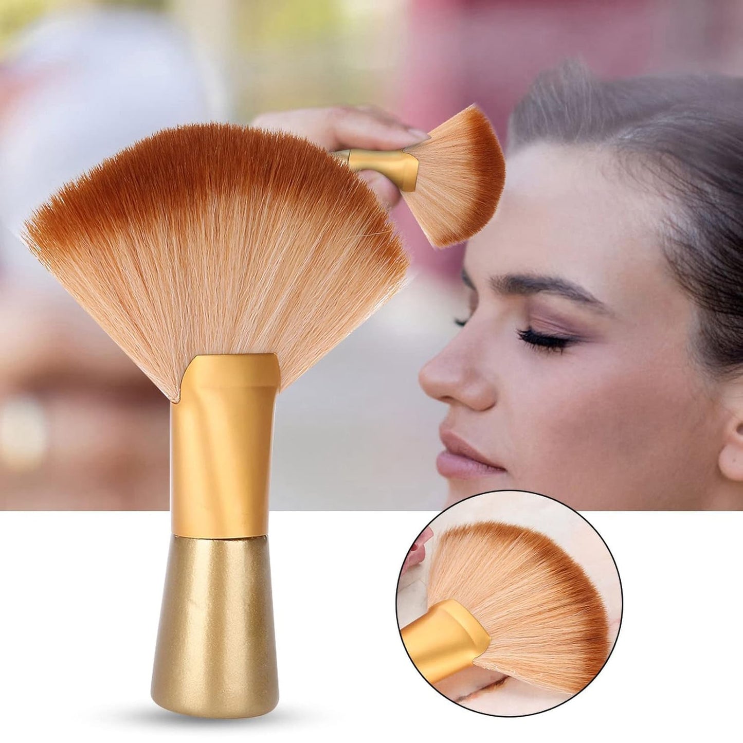 Neck Duster, Soft Large Fan Shaped Barber and Salon Brush, Gold Long Brush Hair Face Hair Cleaning Brush Hair Cutting Tools, for Cleansing Face and Neck Hair