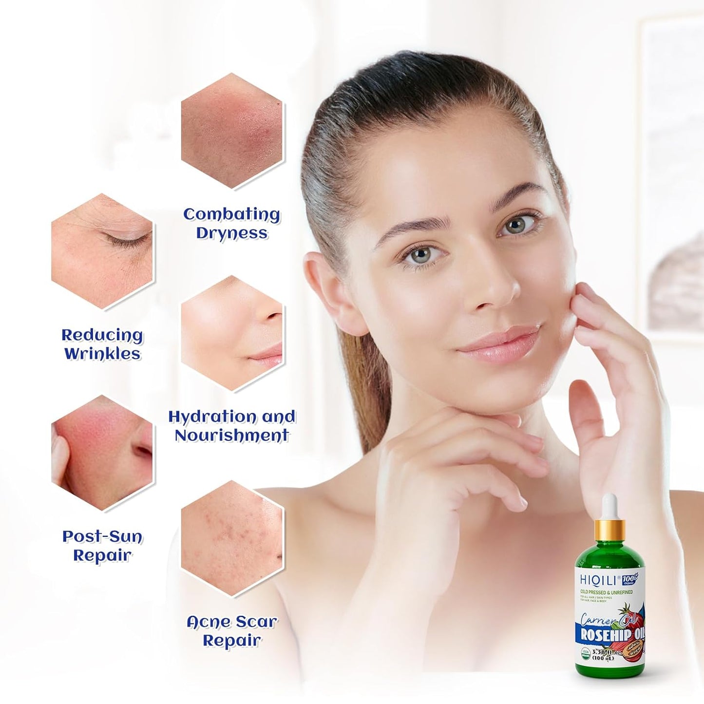 HIQILI 3.38 Fl Oz Organic Rosehip Seed Oil for Face, 100% Pure and Natural, Cold Pressed, Carrier Oil for Skin, Hair & Nails - Women & Men