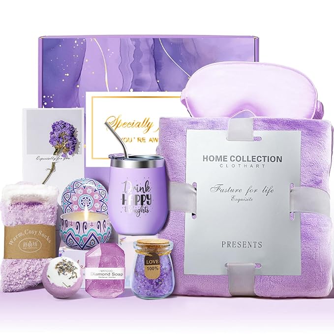 Spa Gift Baskets for Women - 11-Piece Self Care Kit with Soy Candle, Bath Salts, Purple Blanket, Insulated Tumbler, Eye Mask & More – Unique Mothers Day, Birthday, or Get Well Soon Gifts for Women