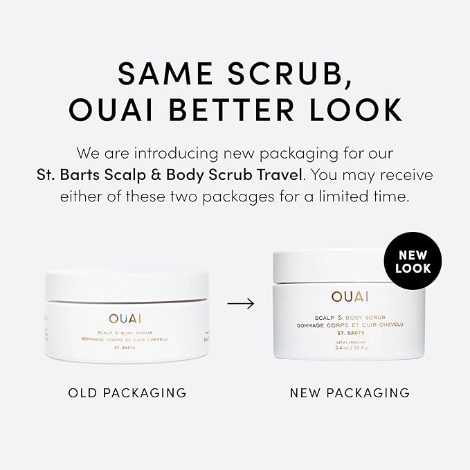 OUAI Scalp & Body Scrub, St. Barts Travel Size - Exfoliating Body Scrub with Sugar & Coconut Oil Blend for Smooth, Moisturized Skin - Gentle Scalp Scrub for Removing Product Build Up (3.4 oz)
