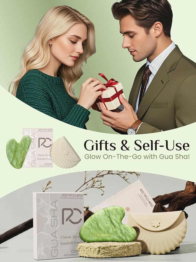 Rena Chris Gua Sha Facial Tools-Xiuyan Jade Gua Sha Stone for Face Massage, Jawline Sculpting & Puffiness Reduction with Silicone Case (Green)