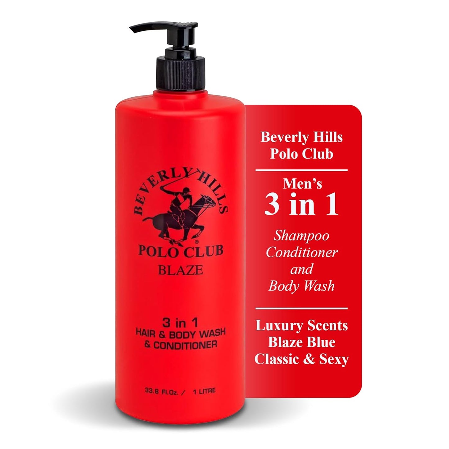 Beverly Hills Polo Club Men's 3-in-1 Shampoo Conditioner Body Wash | Blaze Scent | Premium All-Day Freshness & Invigorating Luxury Grooming | Large 33.8 fl oz Bottle