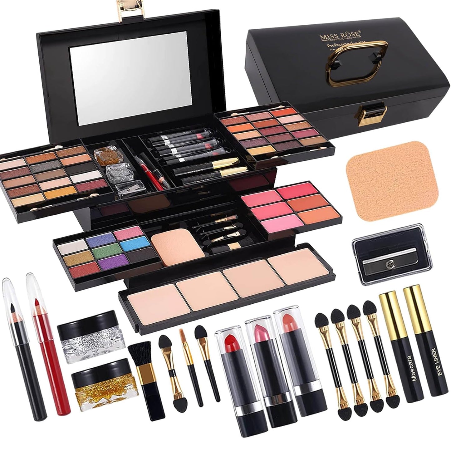 MISS ROSE M 58 Color Professional Makeup Kit for Women Full Kit, Include Eyeshadow Facial Blusher Eyebrow Powder Face Concealer Powder Eyeliner Pencil and a Mirror(331N)