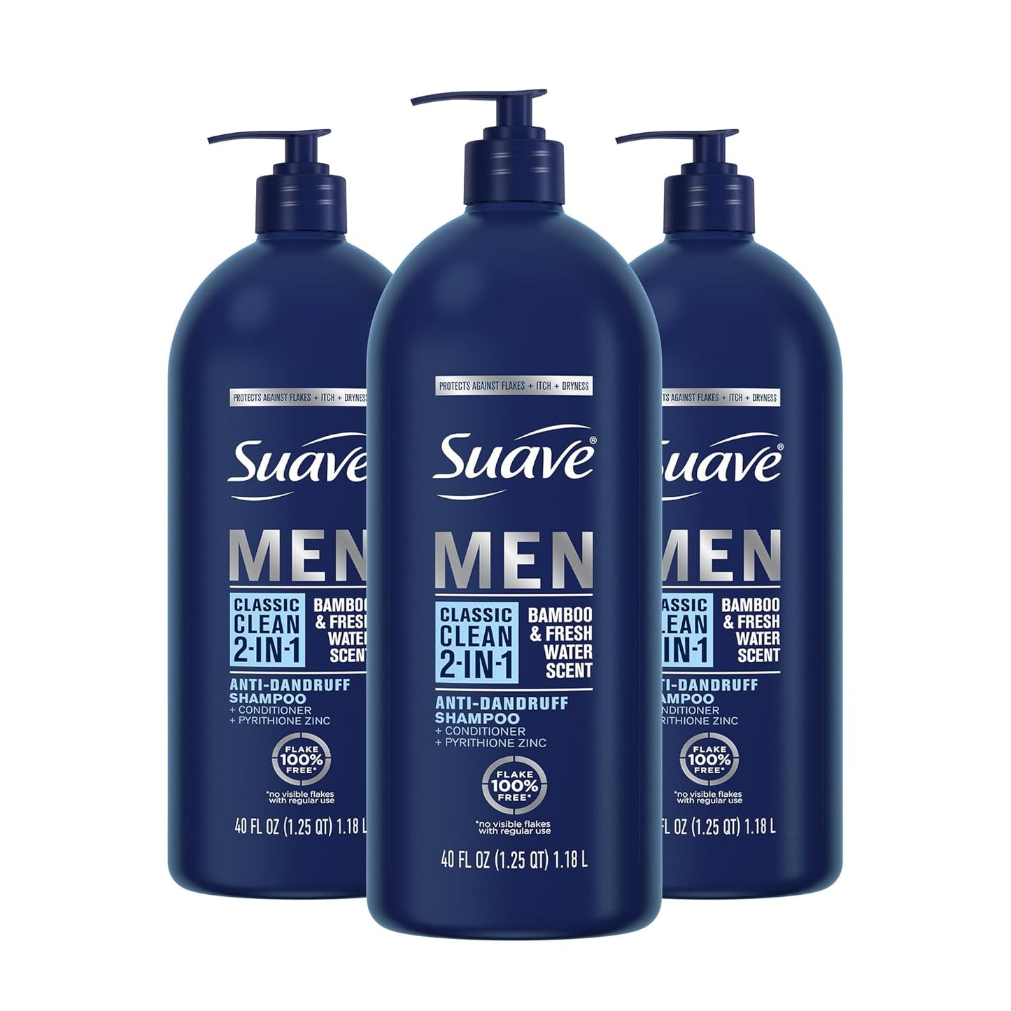 Suave Men 2 in 1 Anti Dandruff Shampoo and Conditioner, Classic Clean with Bamboo scent, 40 oz Pack of 3