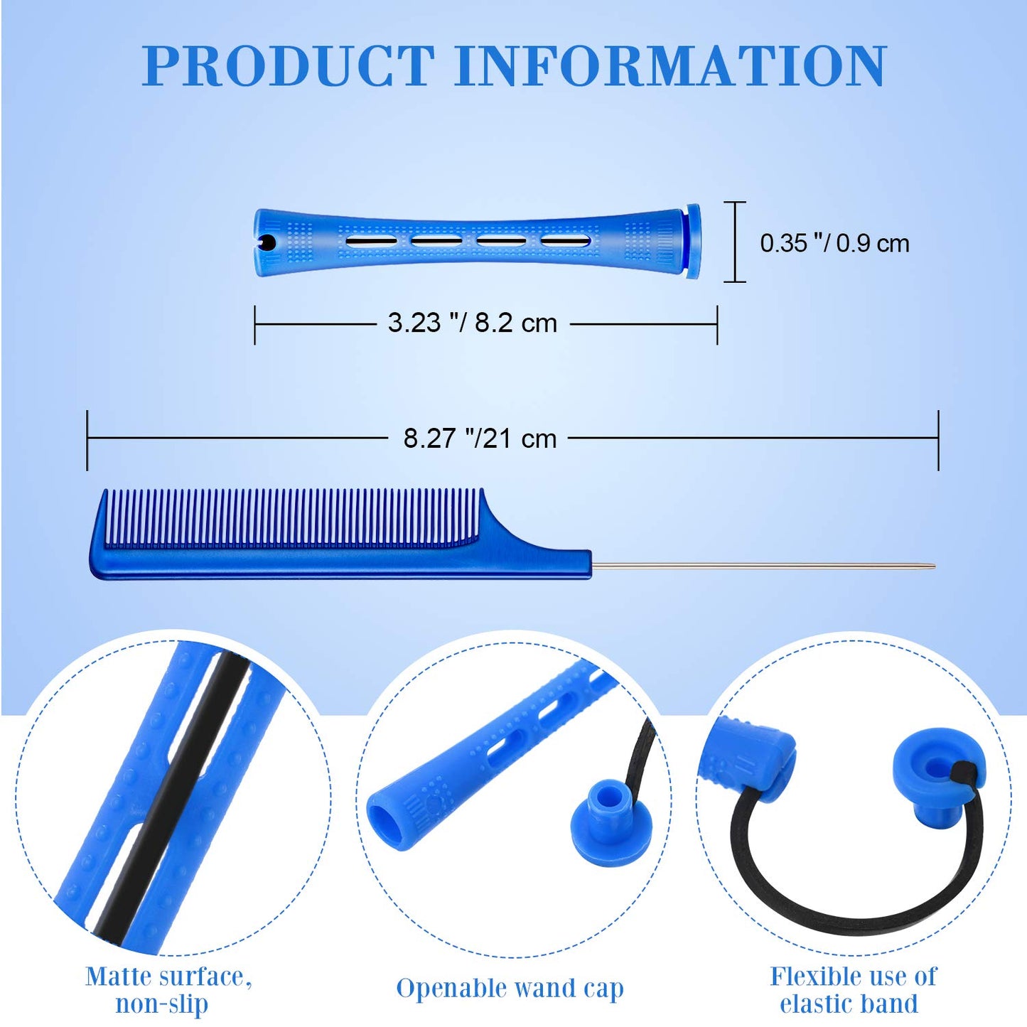 24 Pieces Plastic Hair Perming Rods and Rollers with Steel Pintail Comb for Hairdressing Styling (0.35 Inches, Blue)