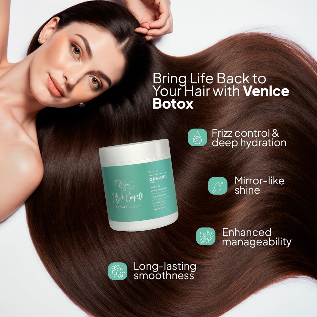 I Belli Capelli Venice Botox Hair Treatment - Smoothness for Dry and Damaged Hair - Deep Hydration, Volume Control, Reduces Frizz- Formaldehyde-Free, Organic Hair Botox (2-Pack, 17.6 oz/500 ml)