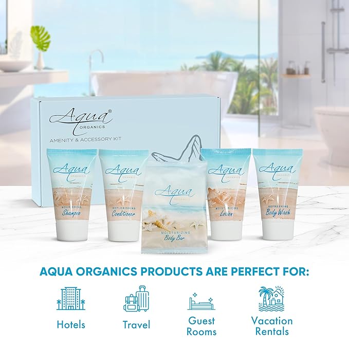 Aqua Organics Amenity Kit | Boxed Hotel Toiletries Bulk Set | 1 oz Shampoo, Conditioner, Lotion, Body Wash & Bar Soap | 300 Sets per Case