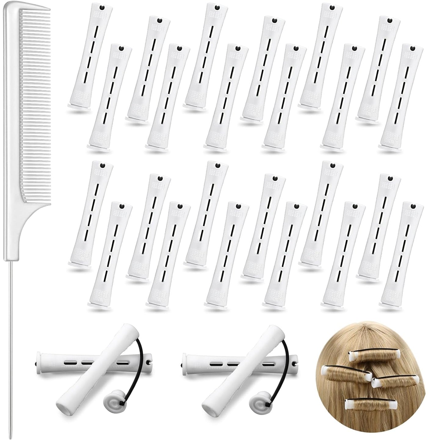 24 Pieces Hair Perm Rods Plastic Cold Wave Perming Curlers Hair Rollers with Steel Pintail Comb Rat Tail Comb Tools for Hairdressing Styling(White,0.63 Inches)