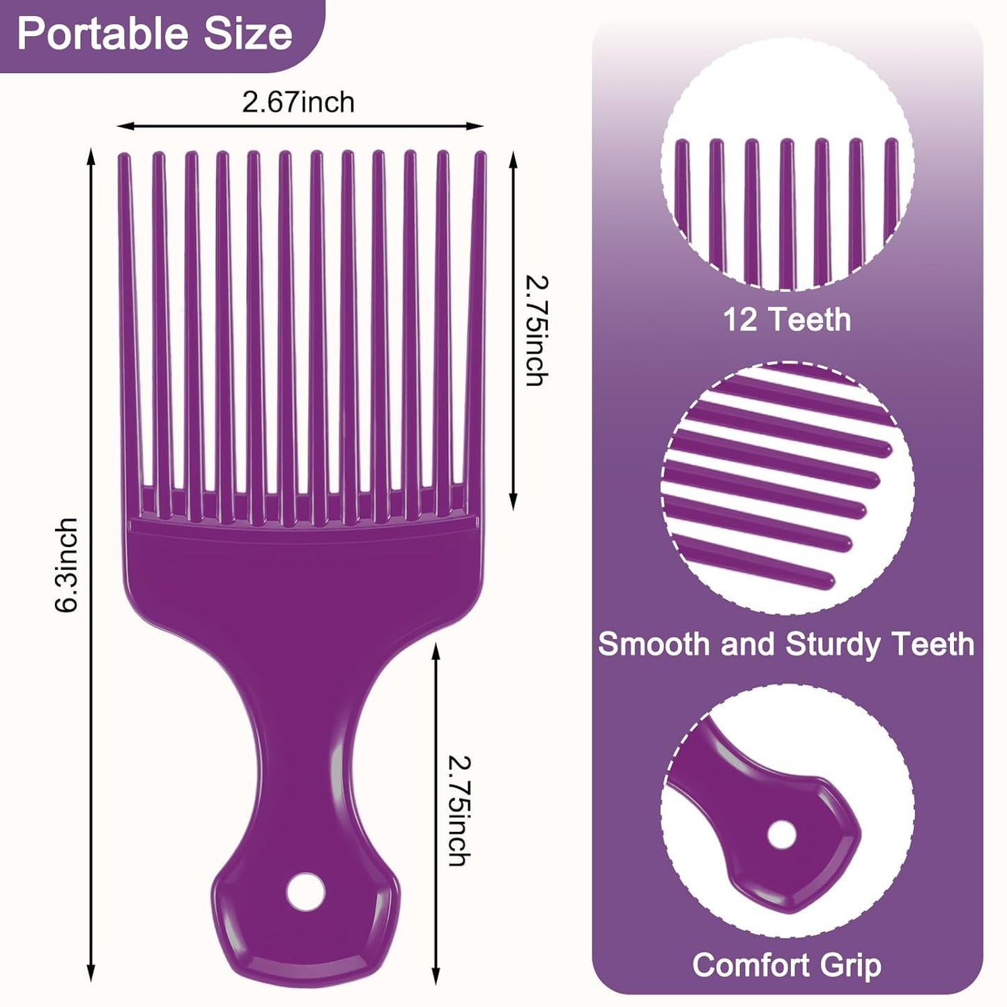 2 Pcs Hair Pick Comb Wide Tooth Lift for Hair Styling Detangling Plastic Afro Comb for Women Men (Purple)