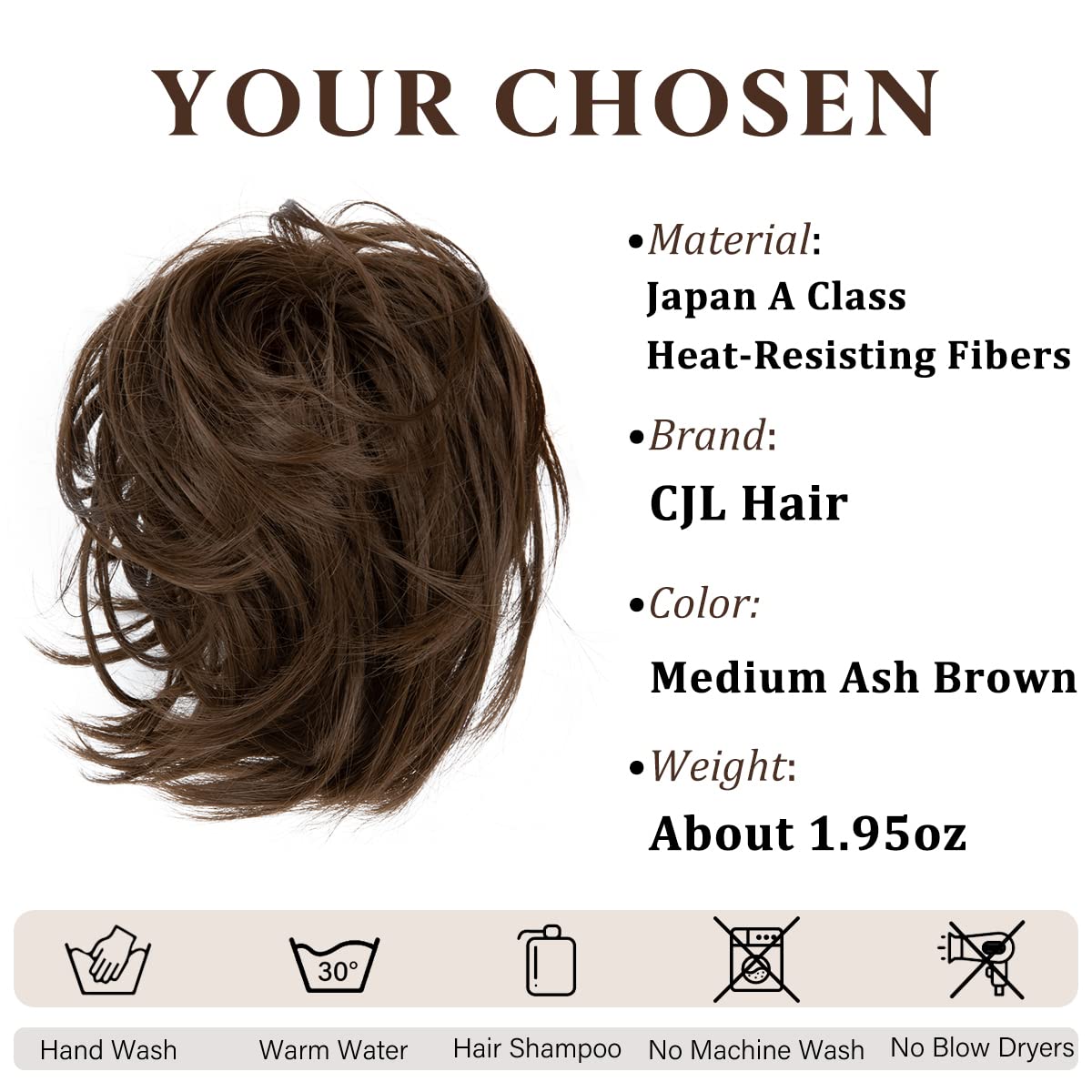 CJL HAIR Large Messy Bun Hair Piece Wavy Curly Scrunchies Synthetic Chignon Ponytail Hair Extensions Thick Updo Hairpieces for Women Medium Ash Brown