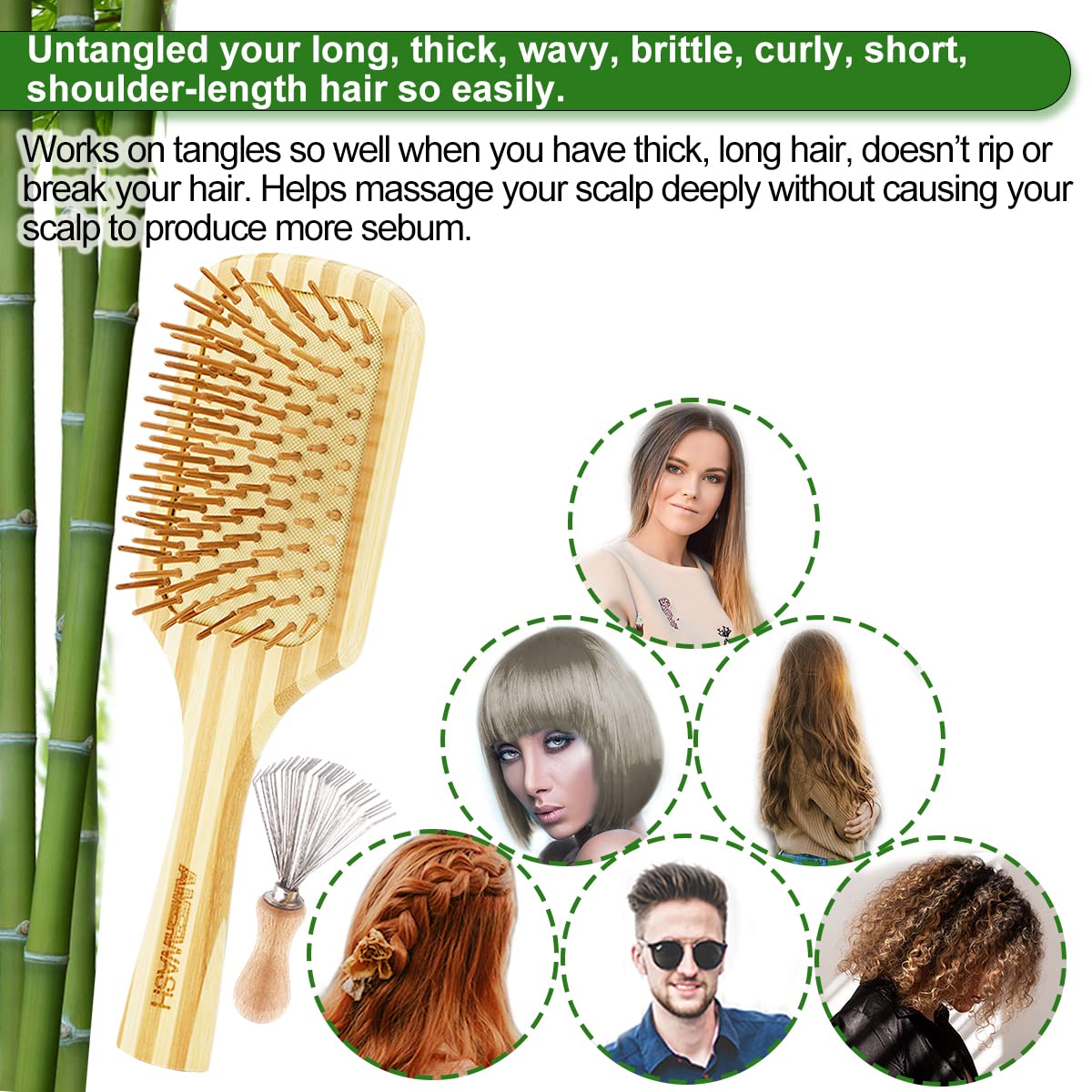 Bamboo Hair Brush with Cleaner Tool, Large Paddle Wooden Detangling Brush Perfect for Women Men Thick Curly Hair, Bamboo Bristles Help Hair Growth, Enhance Shine & Health, Massaging Scalp