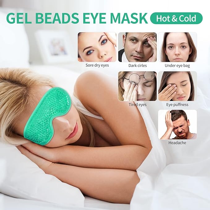 2PCS Gel Eye Mask - Reusable Hot/Cold Therapy Gel Bead Mask for Puffiness, Dark Circles, Headaches, & Stress Relief, Cooling/Heating Eye Compress (Green)