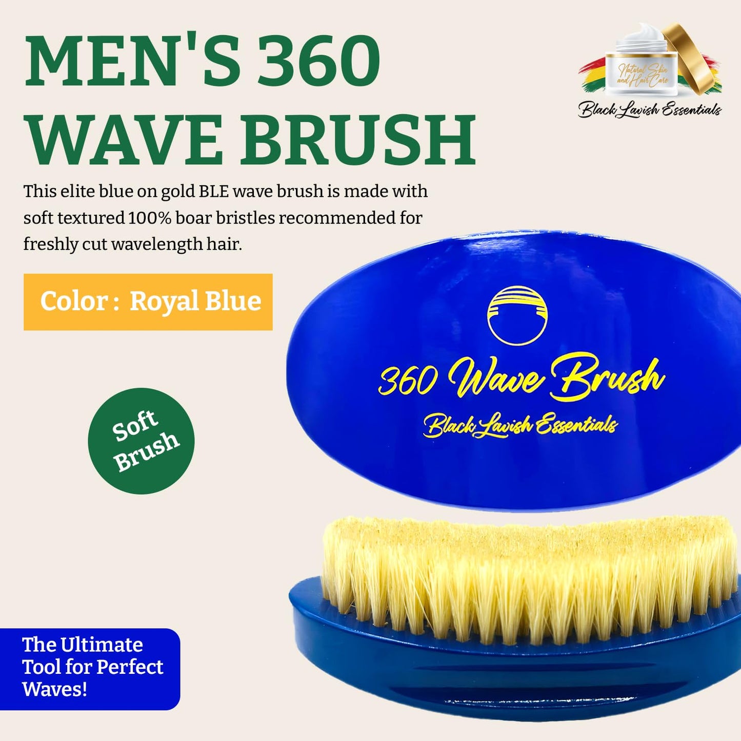 360 Wave Brush, Build Deeper Waves, Soft & Hard Boar Bristle Curved Brush BLACK LAVISH ESSENTIALS (Soft, Blue)