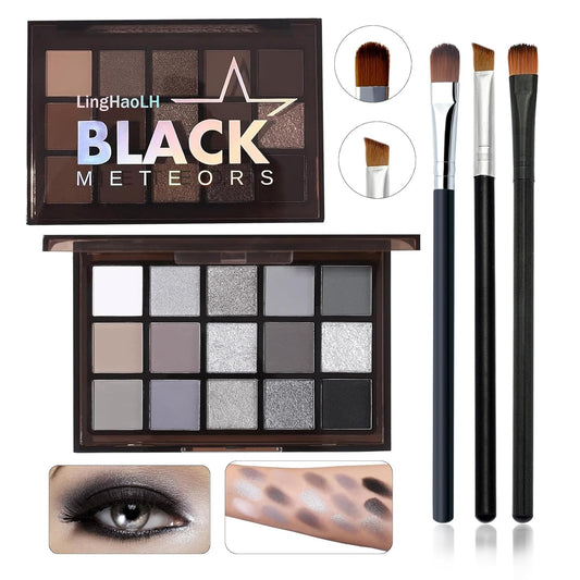 Black Grey Smoky Eyeshadow Palette,15 Colors Matte Shimmer Pigmented Eye Shadow Makeup Palette Set with 3 Eyeshadow Brushes,Glitter Eyeshadow Makeup Palette for Daily Halloween Goth Makeup(A)
