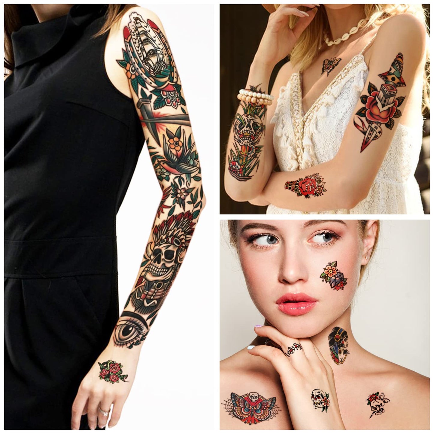 55 Sheets Temporary Tattoos,8 Sheets Full Arm Waterproof Flower Owl Snake Fake Halloween Tattoo Stickers for Adults Women Men,17 Sheets Half Arm 30 Sheets Small Tattoos Realistic for Kids Girls Boys