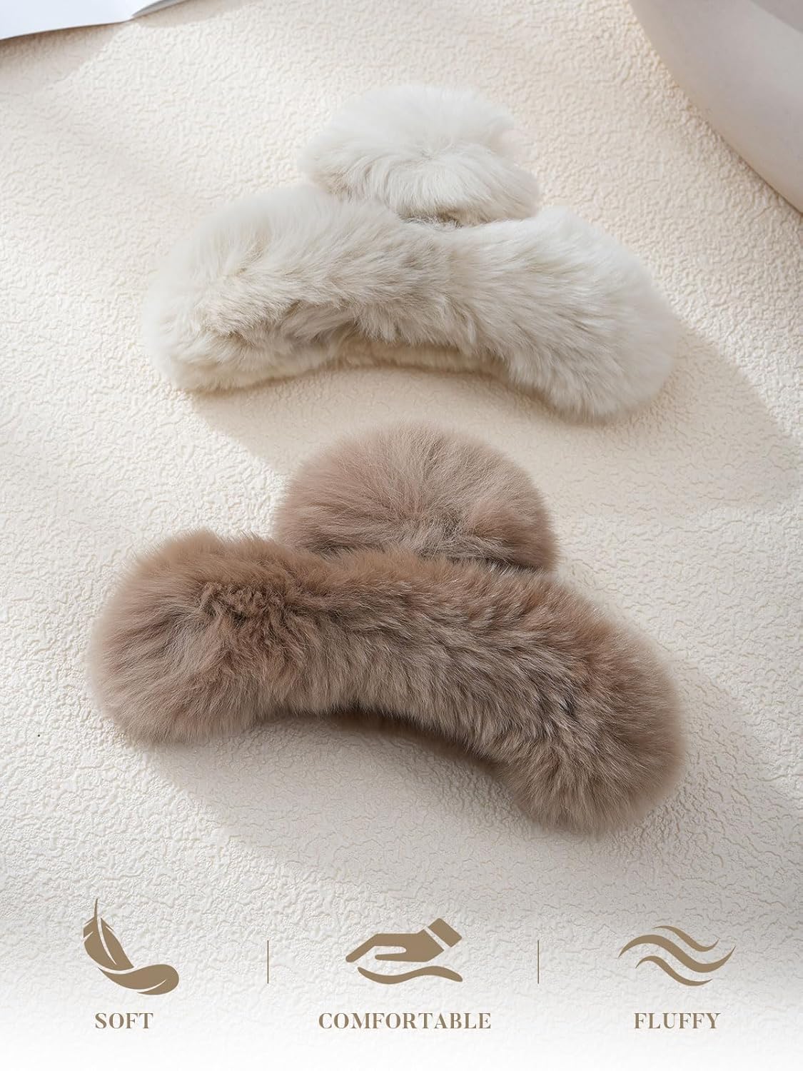 ACECHA 2 Pack Large Fluffy Fuzzy Hair Claw Clips for Women, 5.9" Winter Fur Furry Hairclips, Soft Plush Aesthetic Hair Accessories for Christmas Halloween New Year Party (Coffee & Off-white)