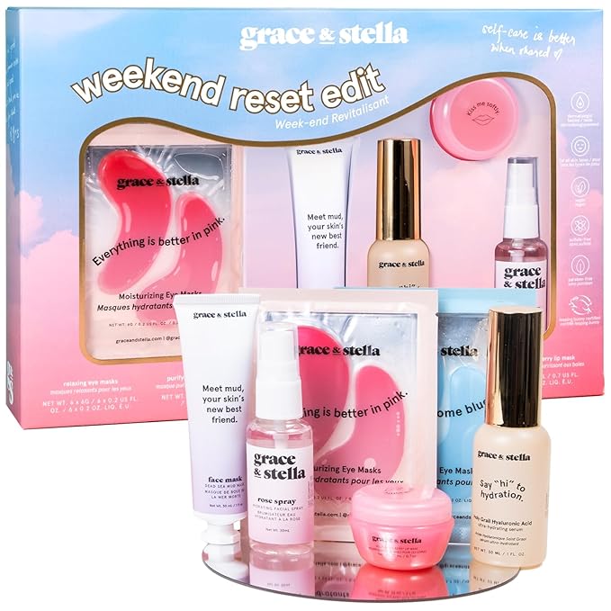 grace & stella Award Winning Mothers Day Gifts Bulk - Gifts for Women - Travel Size Toiletries with Eye Masks, Hyaluronic Acid Serum, Lip Balm & More - Anniversary, Bachelorette Party - Vegan Sef Care