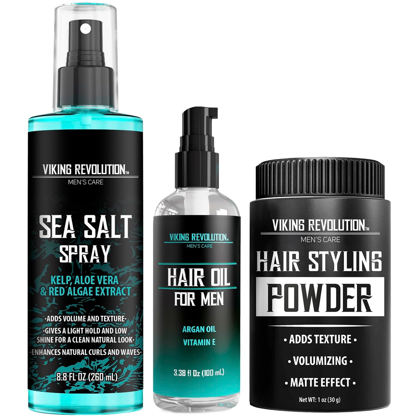 Viking Revolution Sea Salt Spray for Hair Men (8fl oz), Hydrating Hair Oil for Men with Vitamin E (3.38fl oz) and Styling Powder (1oz) - Mens Styling Texturizing Kit